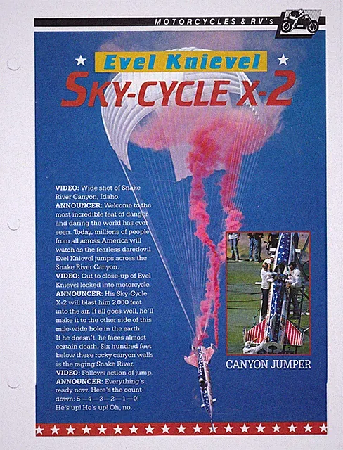 Evel Knievel Sky-Cycle X-2 Skycycle Snake River Canyon Jump Spec Sheet Fact Card
