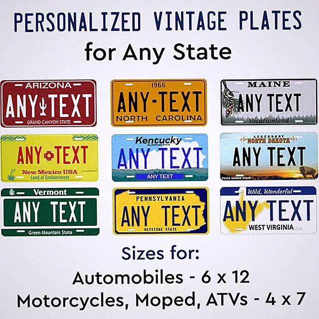 Vintage State Personalized License Plate for Auto Motorcycle ATV kids Bike Gift